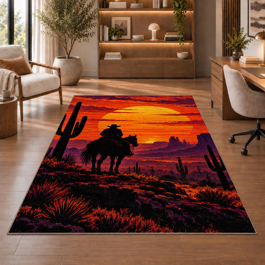 Cowboy sunset rider rug in a home office with wooden shelves