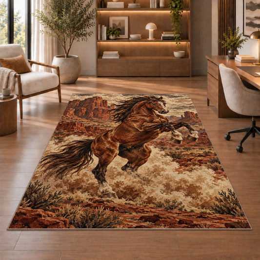 Wild mustang rug in a home office with wooden shelves