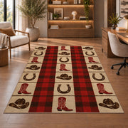 Cowboy plaid check rug in a home office with wooden shelves