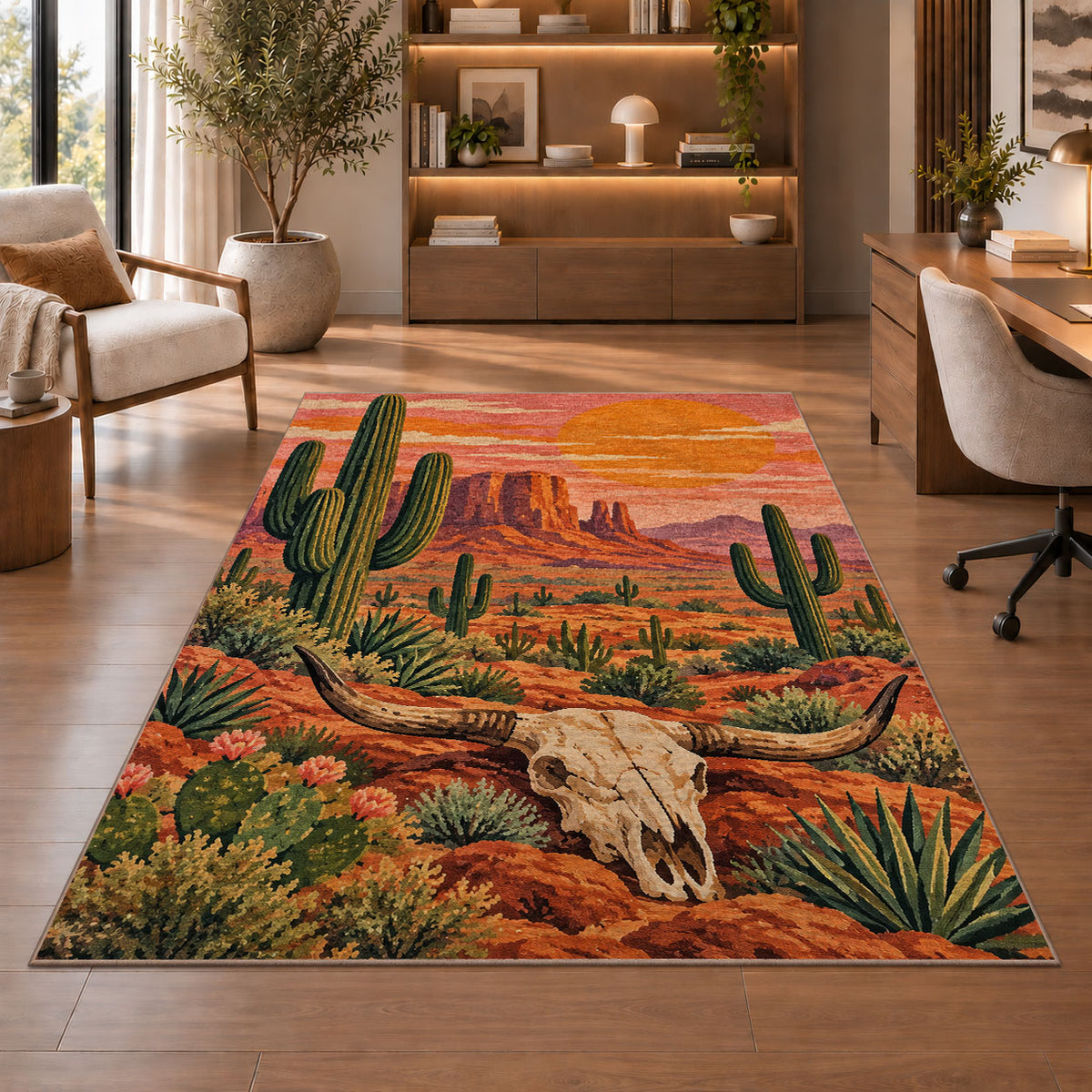 Desert longhorn sunset rug in a home office with wooden shelves