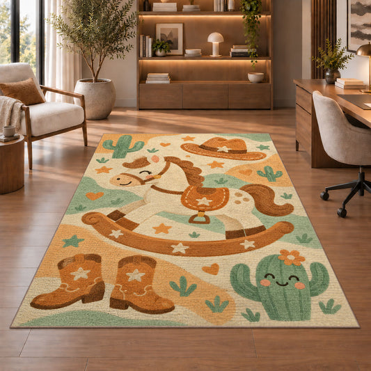 Little cowboy nursery rug in a home office with wooden shelves