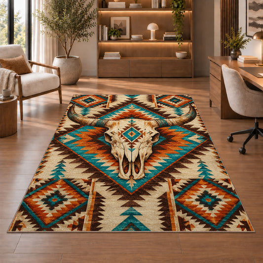 Longhorn Aztec rug in a home office with wooden shelves
