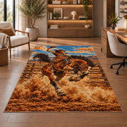 Rodeo bronc rider rug in a home office with wooden shelves
