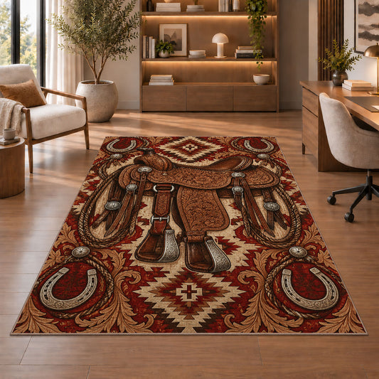 Tooled saddle rug in a home office with wooden shelves