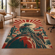 Vintage cowboy poster rug in a home office with wooden shelves