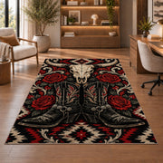 Western gothic boots rug in a home office with wooden shelves