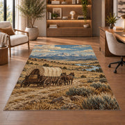 Covered wagon prairie rug in a home office with wooden shelves