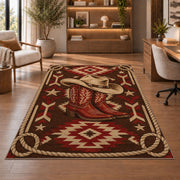 Lasso frame rug in a home office with wooden shelves