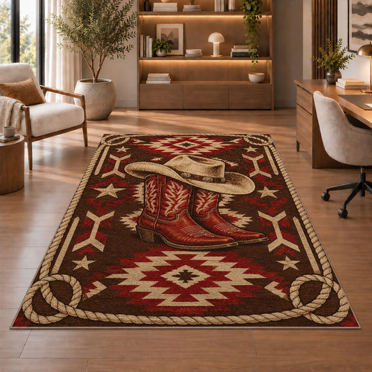 Lasso frame rug in a home office with wooden shelves