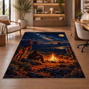 Cowboy campfire rug in a home office with wooden shelves