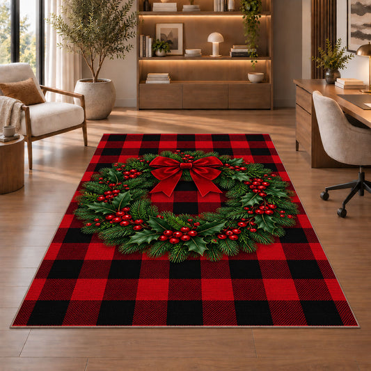 Buffalo Plaid Christmas Wreath rug in a home office with wooden shelves