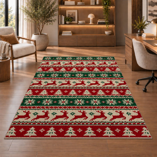Ugly Christmas Sweater Knit rug in a home office with wooden shelves