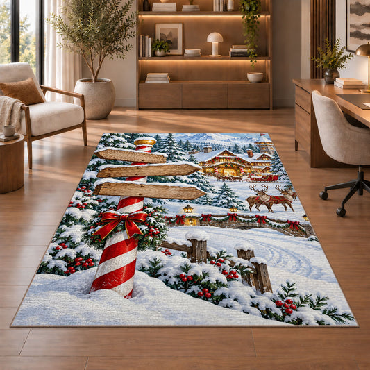 North Pole Signpost rug in a home office with wooden shelves