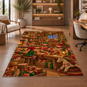 Santa's Workshop Elves rug in a home office with wooden shelves
