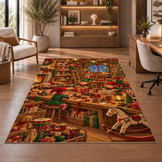 Santa's Workshop Elves rug in a home office with wooden shelves