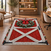 Red Barn Door Christmas Wreath rug in a home office with wooden shelves