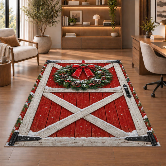 Red Barn Door Christmas Wreath rug in a home office with wooden shelves