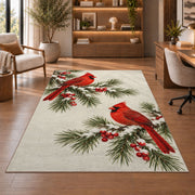 Winter Cardinals on Pine rug in a home office with wooden shelves