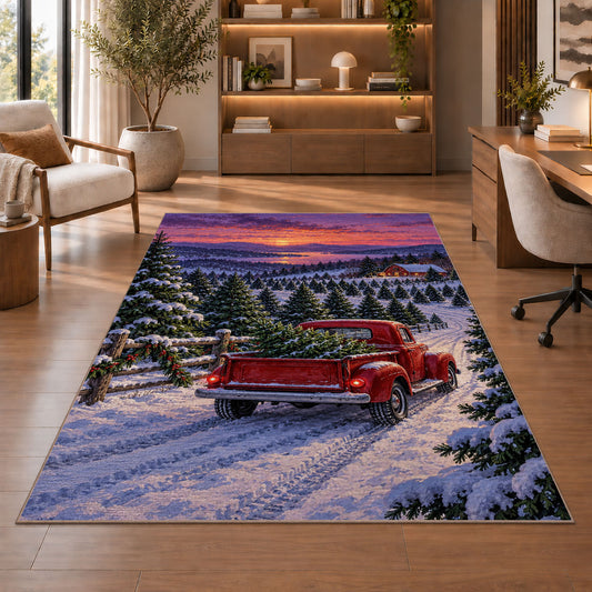 Christmas Tree Farm Red Truck rug in a home office with wooden shelves