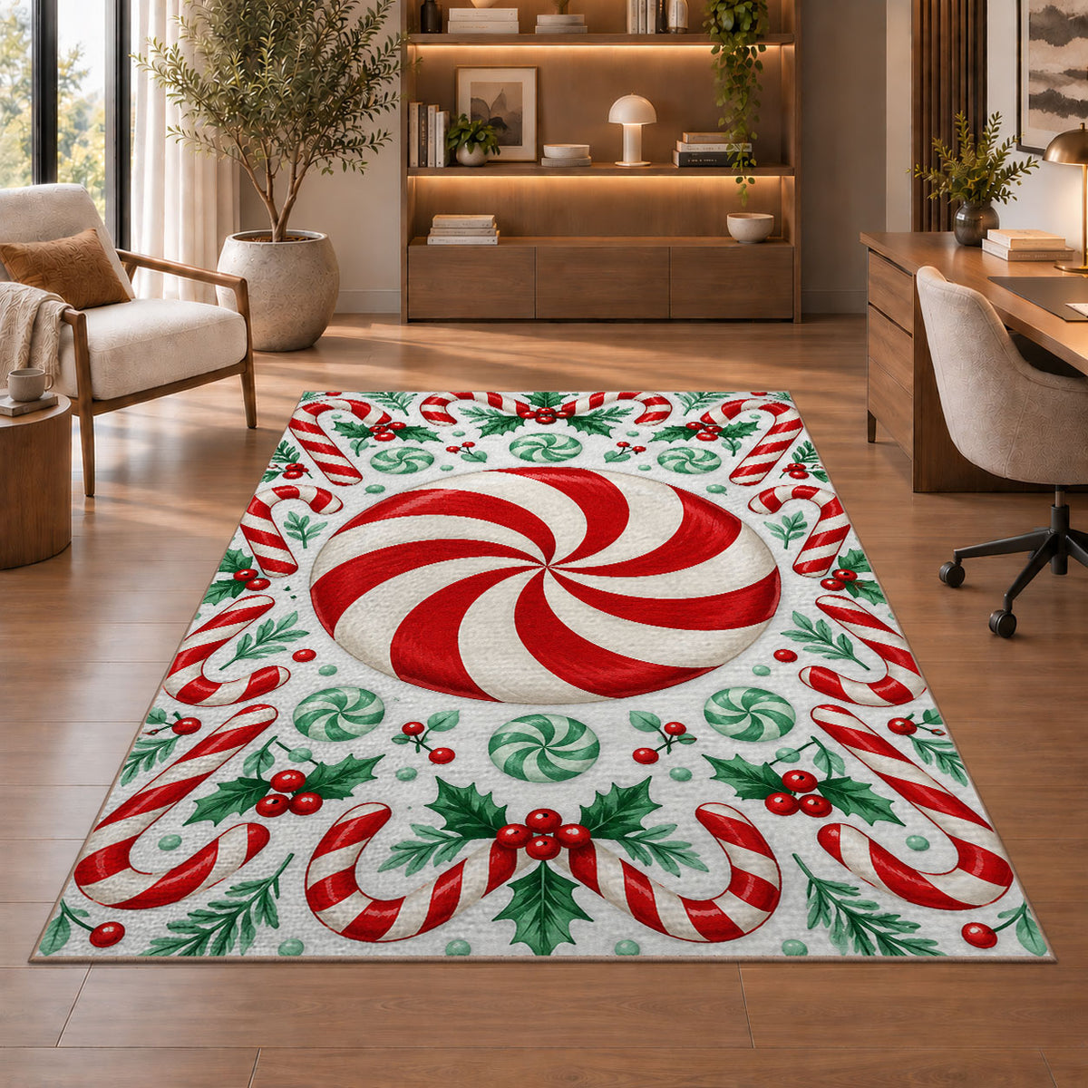 Peppermint Candy Swirl rug in a home office with wooden shelves