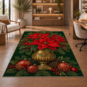 Poinsettia Brass Pot rug in a home office with wooden shelves