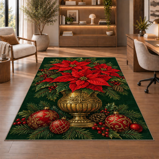 Poinsettia Brass Pot rug in a home office with wooden shelves