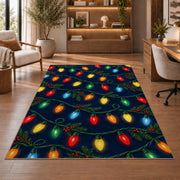 Vintage Christmas Lights rug in a home office with wooden shelves