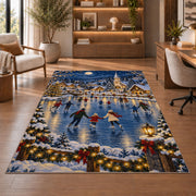 Village Ice Skating Night rug in a home office with wooden shelves