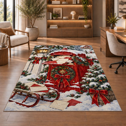 Letters to Santa Mailbox rug in a home office with wooden shelves