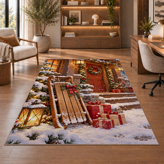Wooden Sled Snowy Porch rug in a home office with wooden shelves