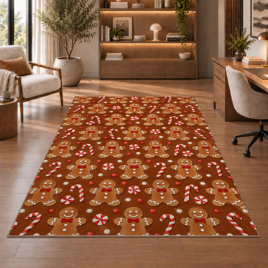 Gingerbread Cookie Pattern rug in a home office with wooden shelves