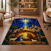 Bethlehem Star Stained Glass rug in a home office with wooden shelves