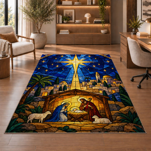 Bethlehem Star Stained Glass rug in a home office with wooden shelves
