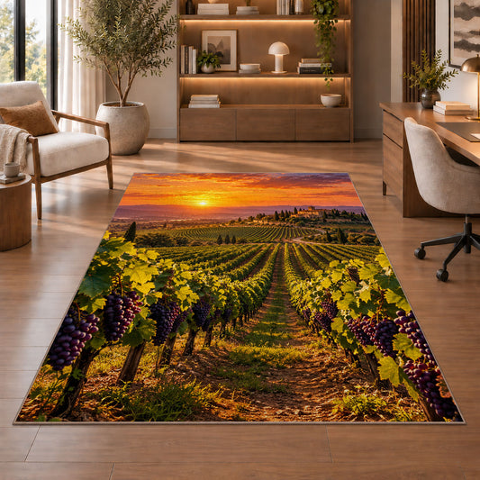 vineyard sunset rug in a home office with wooden shelves