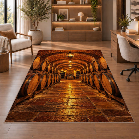 wine cellar barrels rug in a home office with wooden shelves