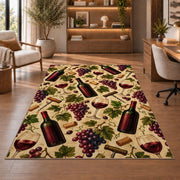 wine pattern rug in a home office with wooden shelves