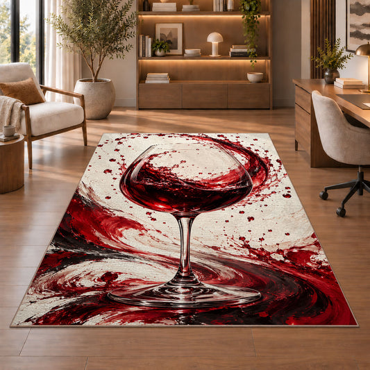 red wine splash rug in a home office with wooden shelves