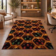 honeycomb wine rack rug in a home office with wooden shelves
