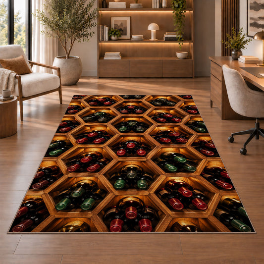 honeycomb wine rack rug in a home office with wooden shelves