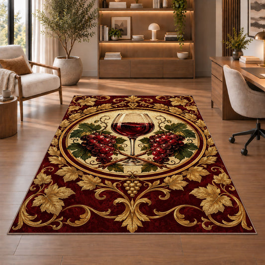 vintage wine crest rug in a home office with wooden shelves