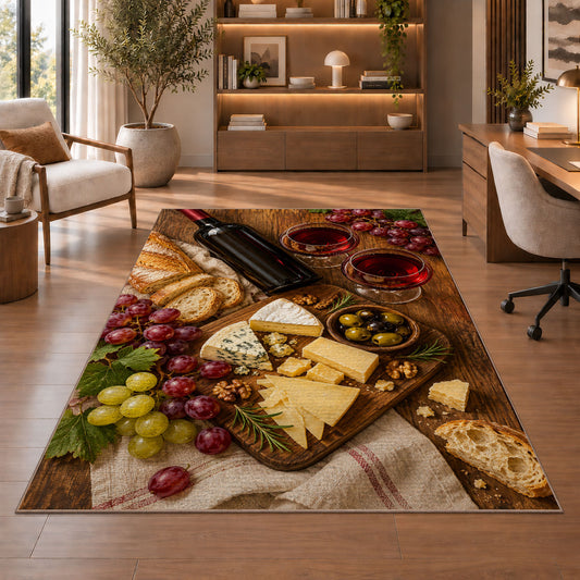 wine and cheese board rug in a home office with wooden shelves