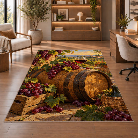 oak wine barrel rug in a home office with wooden shelves