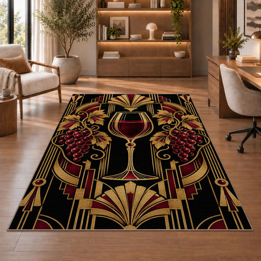 art deco wine glass rug in a home office with wooden shelves