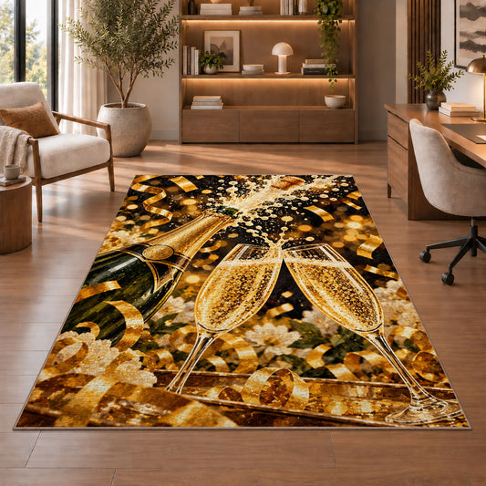 champagne celebration rug in a home office with wooden shelves