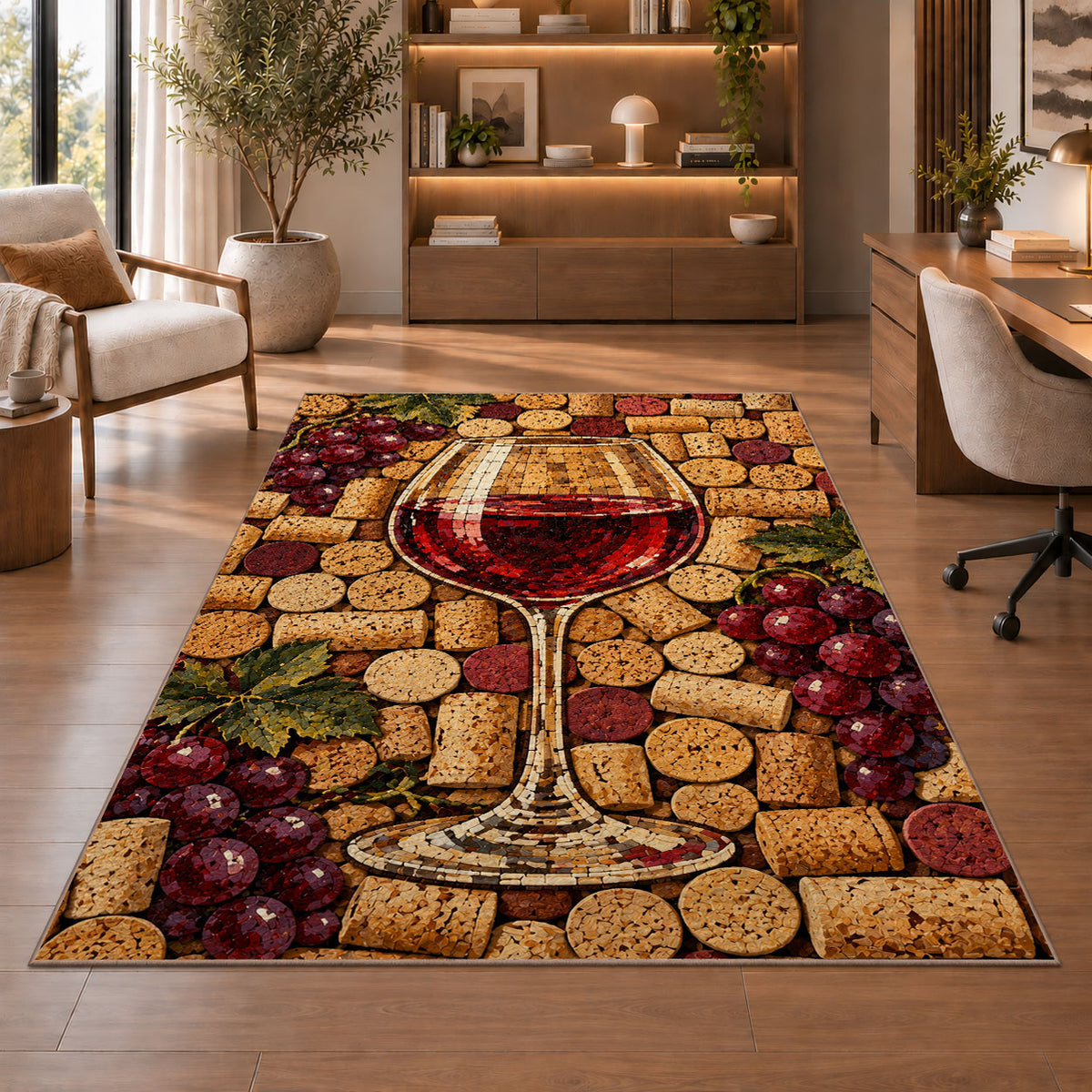 wine cork mosaic rug in a home office with wooden shelves