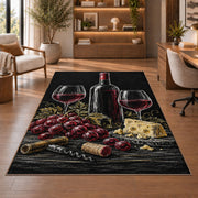 dark slate wine still life rug in a home office with wooden shelves