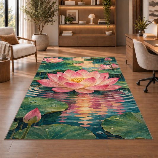 pink lotus flower rug in a home office with wooden shelves