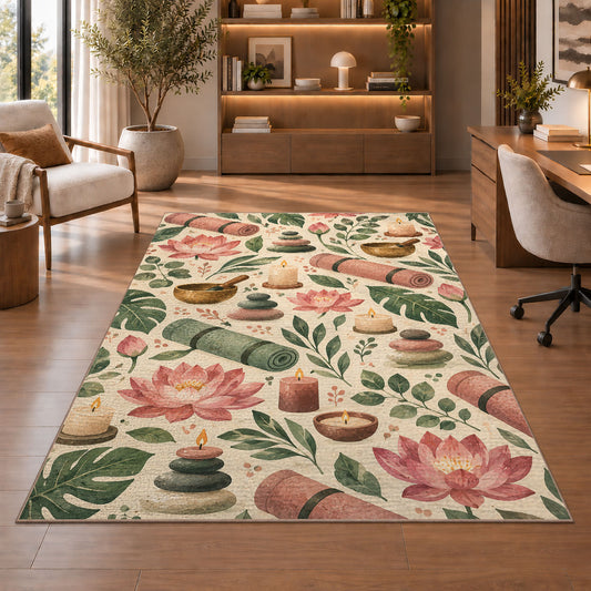 yoga essentials pattern rug in a home office with wooden shelves