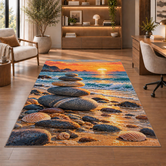 balanced stones beach rug in a home office with wooden shelves