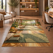 yoga studio rug in a home office with wooden shelves